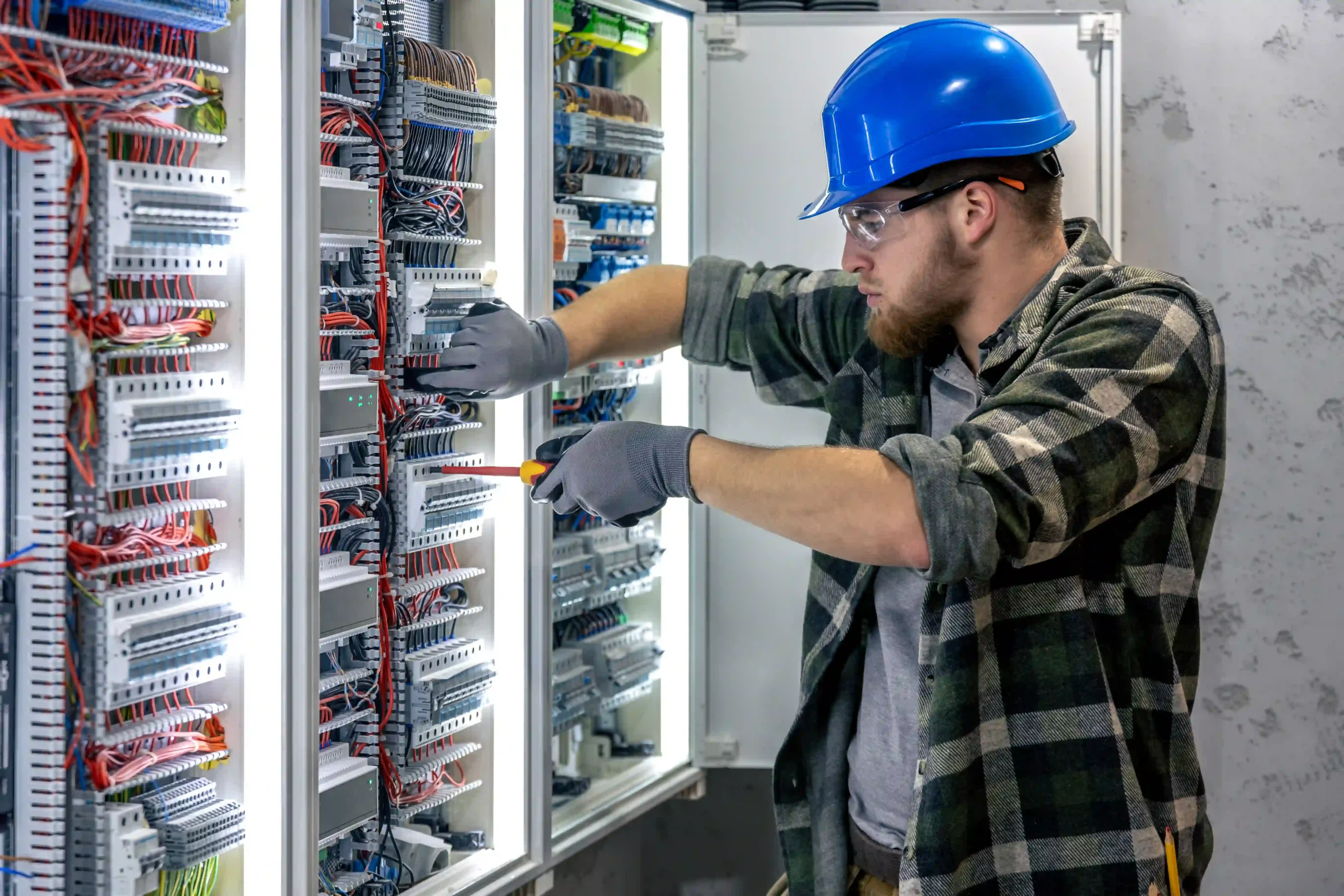 electrician-inspects-connection-working-inside-switchboard-tool-hand