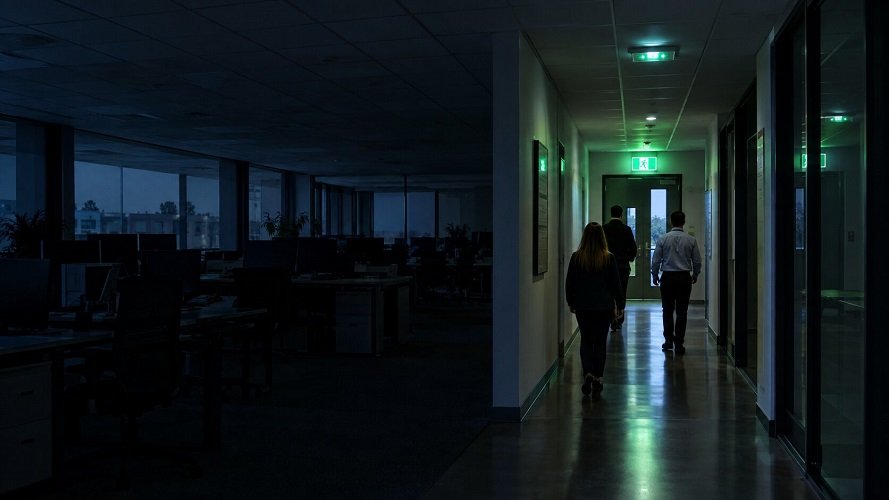 Staff walking towards a fire exit along a corridor lit by green emergency lighting in an office during a power cut in Ireland